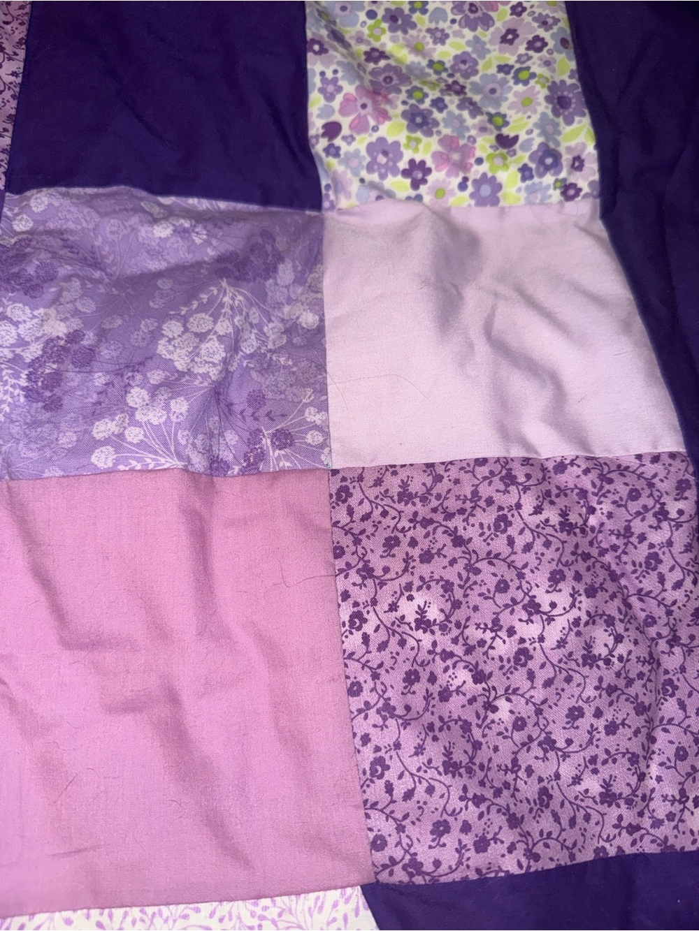 Purple Patchwork Quilt - Soft Floral & Solid Squares 36”x42” - Picture 2 of 6